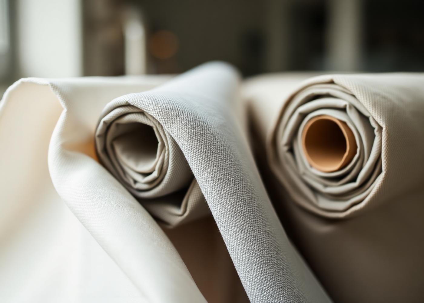 Rolled bolts of premium fabric in neutral tones