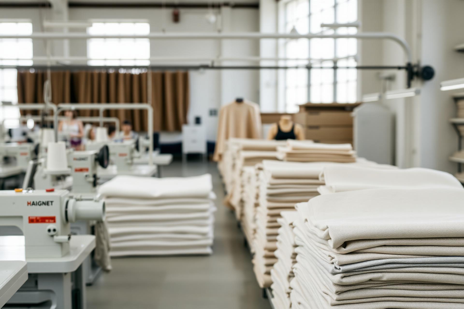 Garment factory floor with sewing machines and stacks of folded fabric